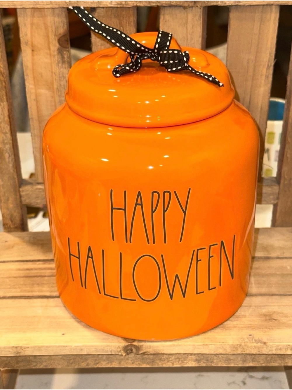 Rae Dunn Orange "Happy Halloween" Ceramic Jar with Ribbon Lid